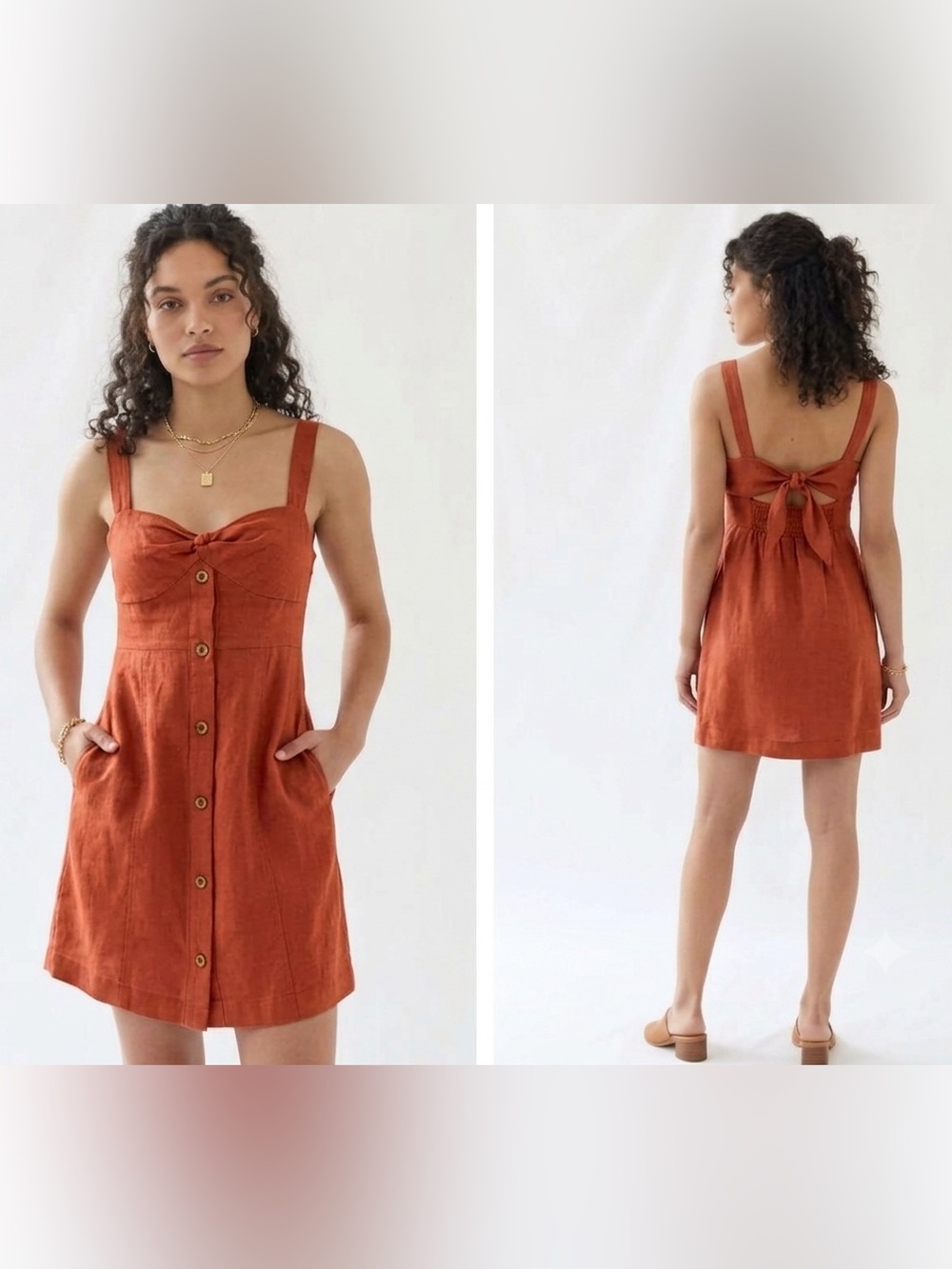 Maeve Anthropologie Rust Linen Blend Mini Dress Small Boho Twist Front Button